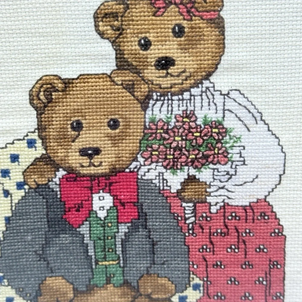 1980's Cute Teddy Bear Cross Stitch Embroidery Framed 11x14 Grandmacore Wall Art